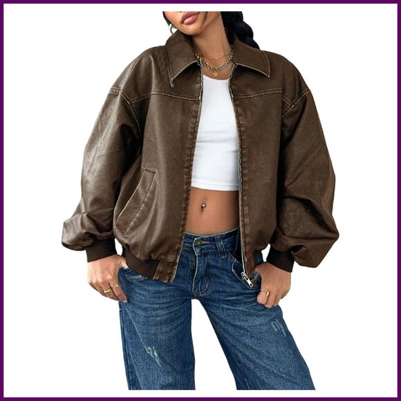 Vintage PU Leather Jacket Zip Up Baggy Outerwear with Pocket Fall